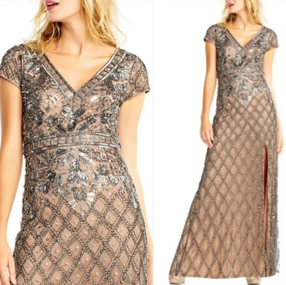 Adrianna Papell Embroidery Sequins Beaded Evening Wedding or Prom Gown - Picture 5 of 16